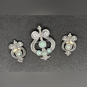 Vintage Silver Tone Turquoise Inlay Brooch & Clip-On Earring Set